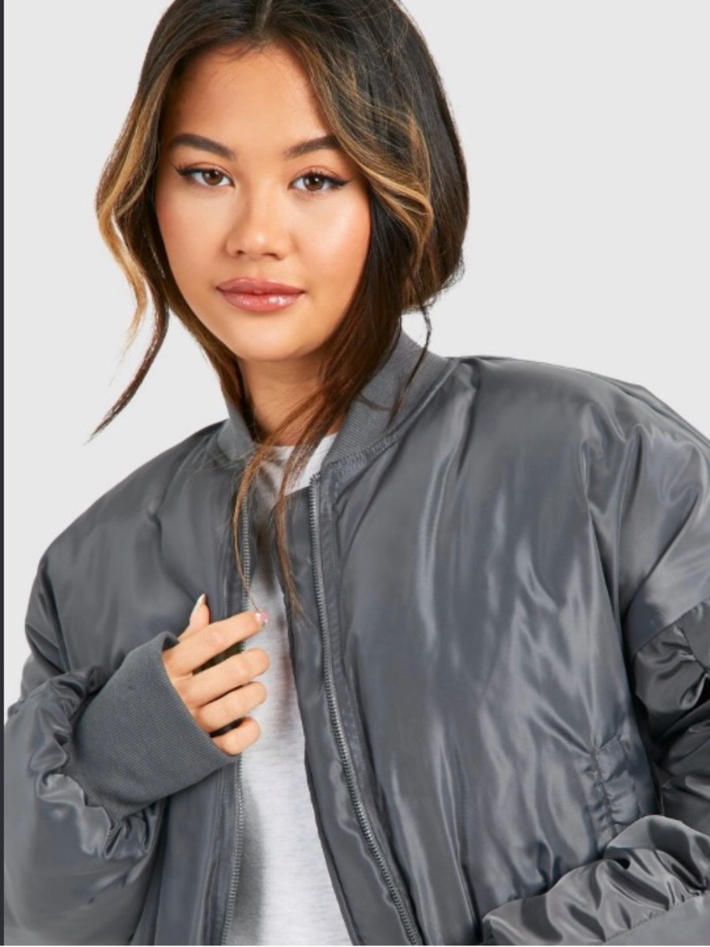 Womens Gray Bomber Jacket - Classic Lightweight Coat